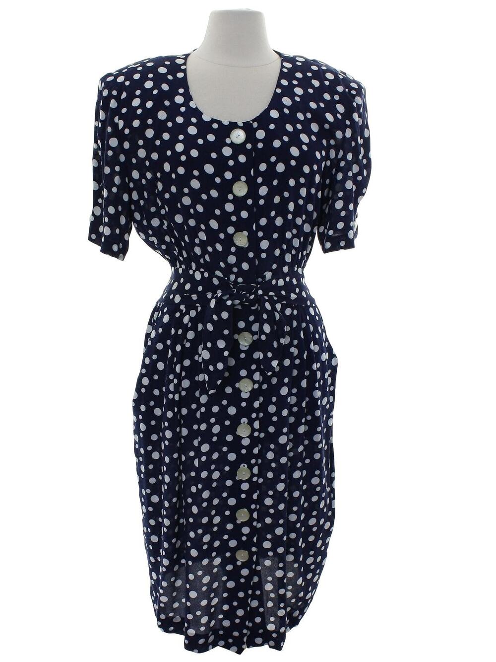 Vintage 80s Women's 14 Karin Stevens Polka Dot Rayon Dress Navy White Tie